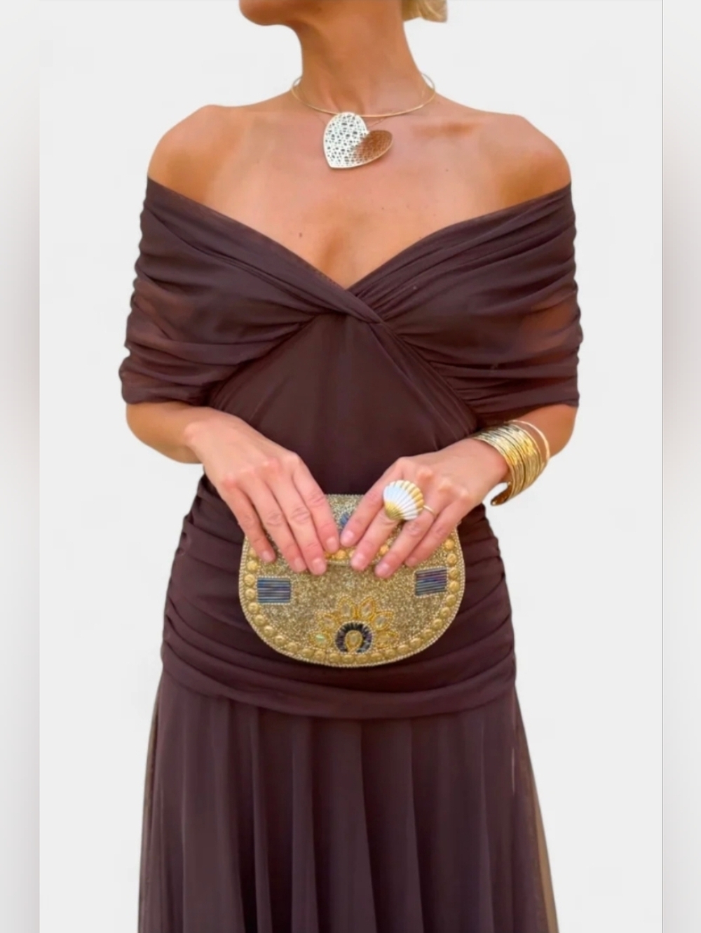 Flowy Evening Dress - Brown Ruched SMALL